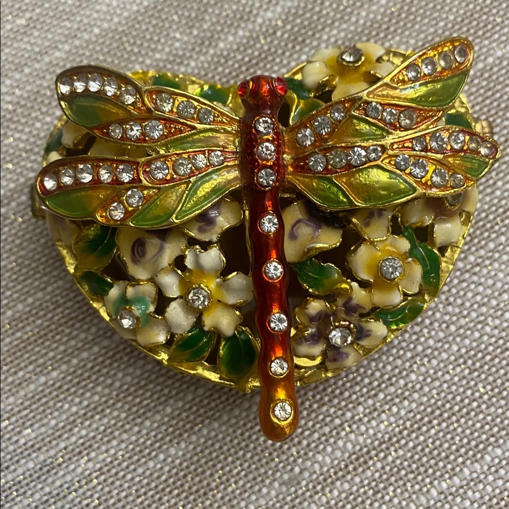 Dragonfly Heart Shaped Bejeweled Trinket Box Adorned With Crystals